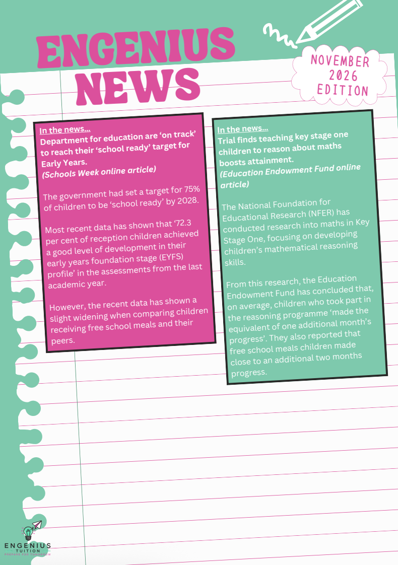 Pink “ENGENIUS NEWS” newsletter page with handwritten white text and mint green border on a lined paper background