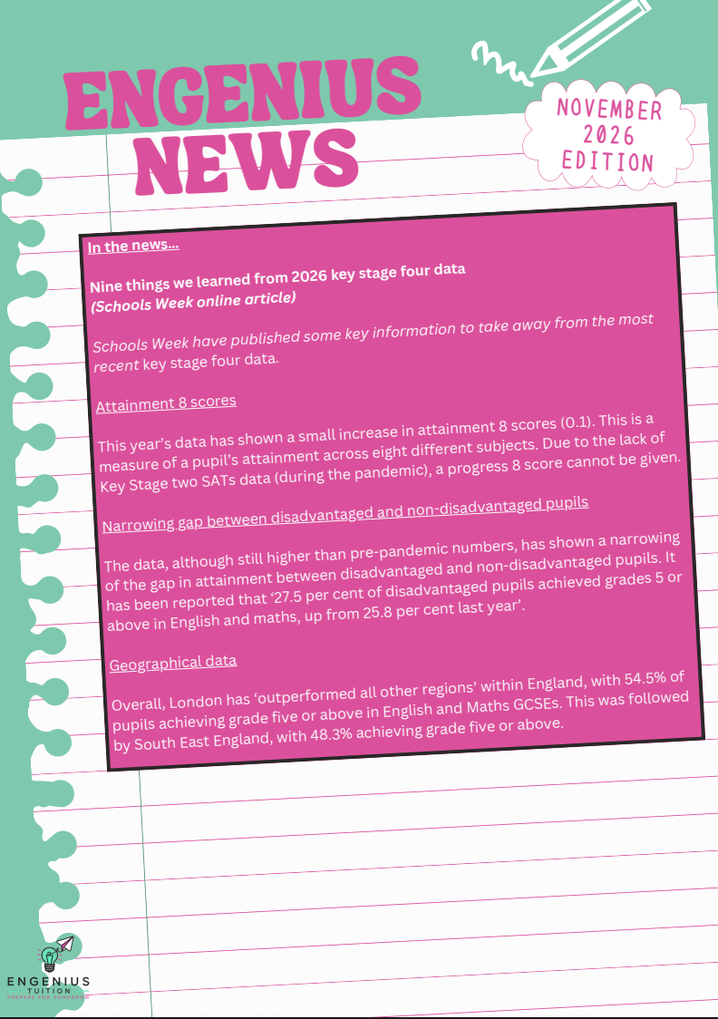 Poster titled “ENGENIUS NEWS” with text and several student award photos on a dark background