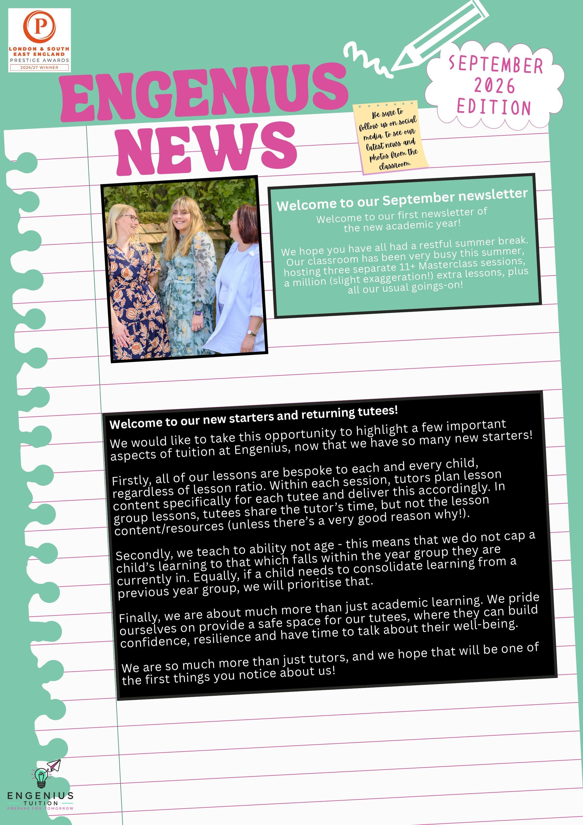Engenius News flyer with a photo, green headline box, and black text blocks on a mint background