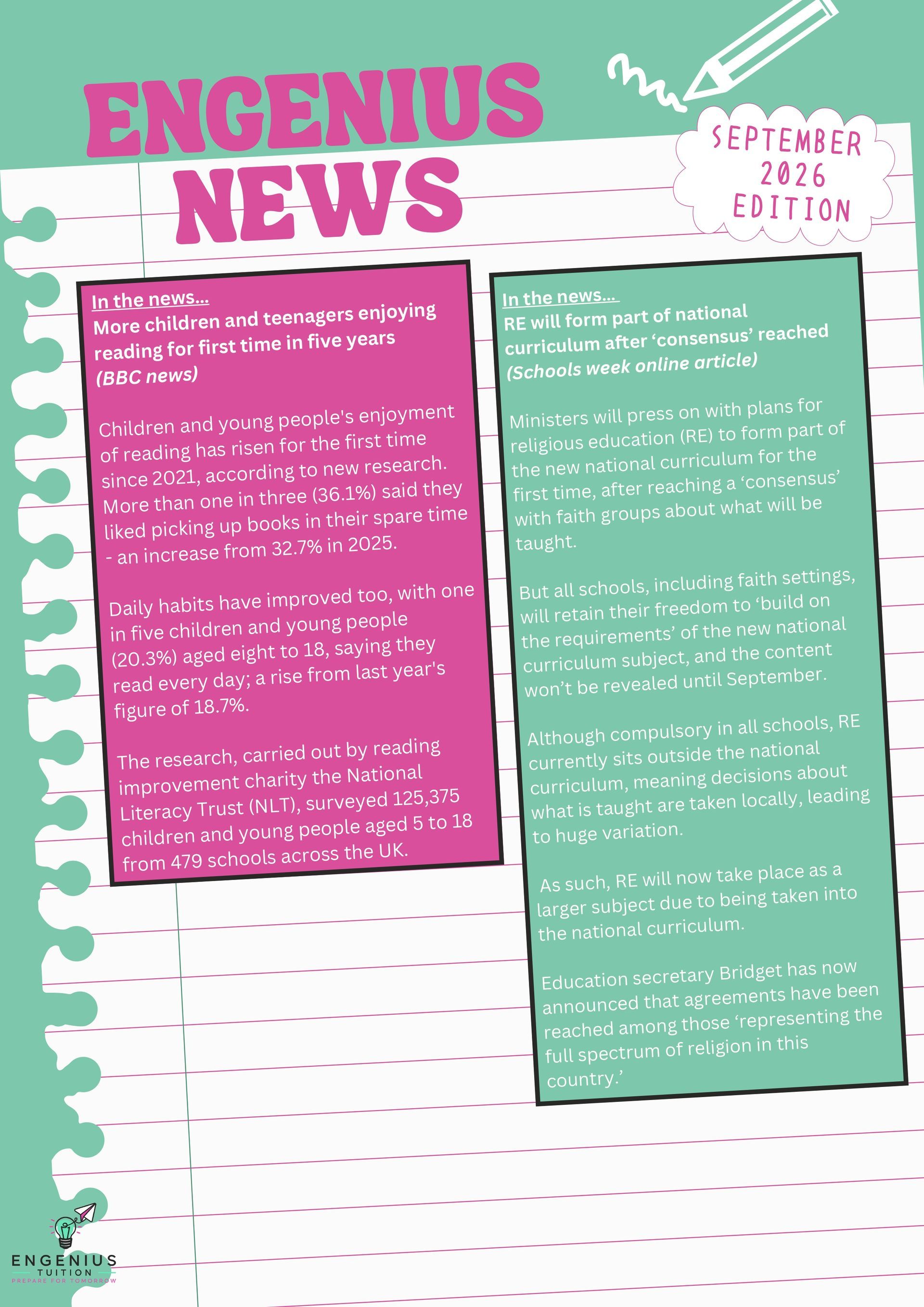 Engenius News poster with pink and green handwritten text boxes on a white lined background