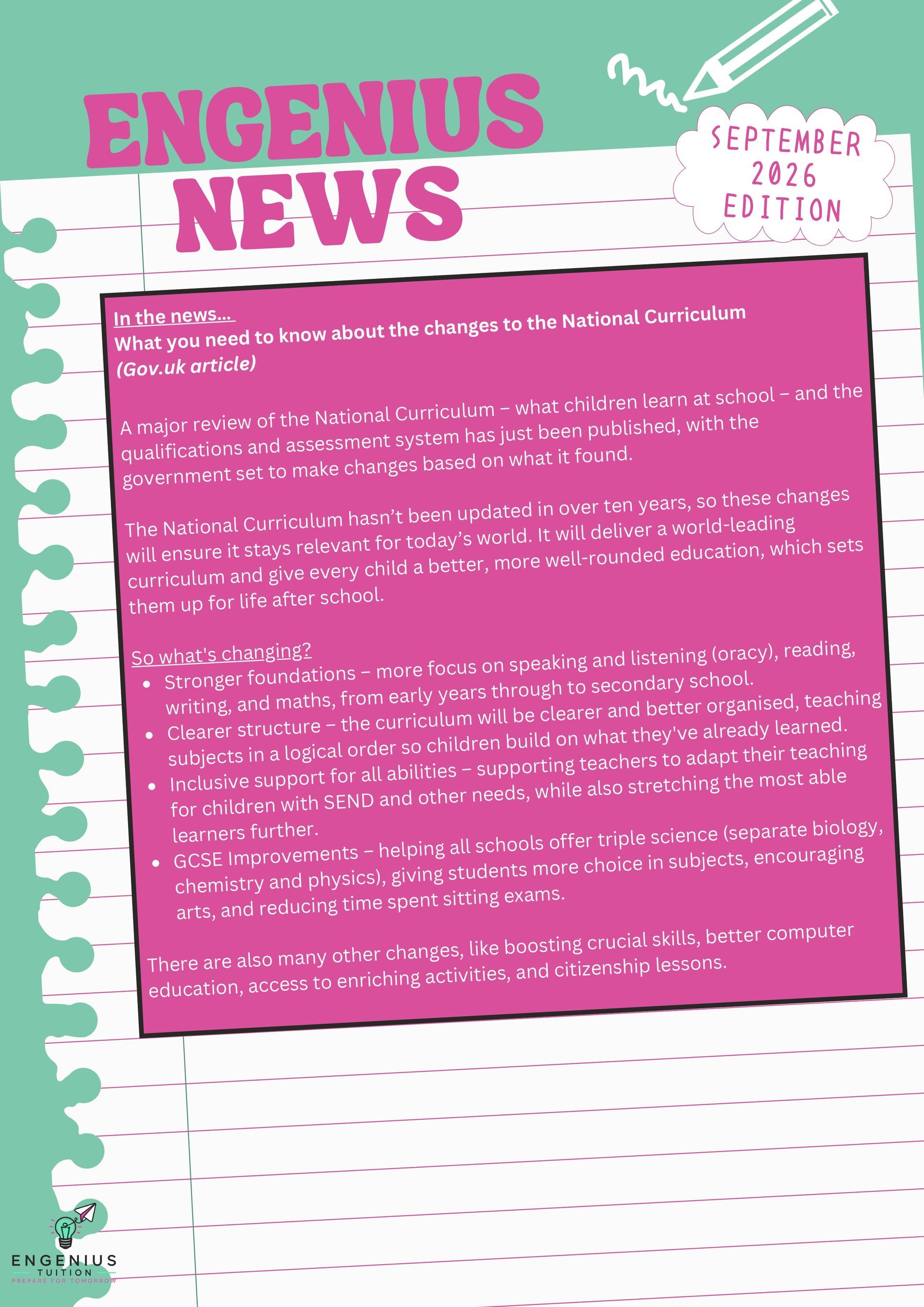 Pink “ENGENIUS NEWS” newsletter page with handwritten white text and mint green border on a lined paper background