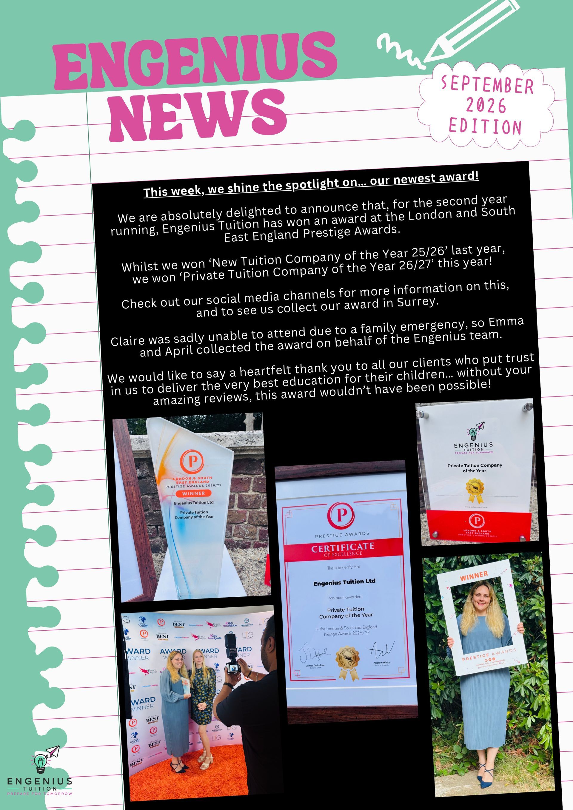 Poster titled “ENGENIUS NEWS” with text and several student award photos on a dark background