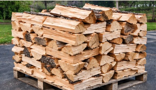 Stacked fresh split firewood on wooden pallets outdoors near a road