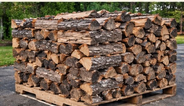 Stacked fully seasoned firewood on a wooden pallet outdoors, with split logs and bark-covered rounds.