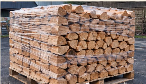 Stack of cut kiln-dried firewood on a wooden pallet, wrapped in plastic outdoors.