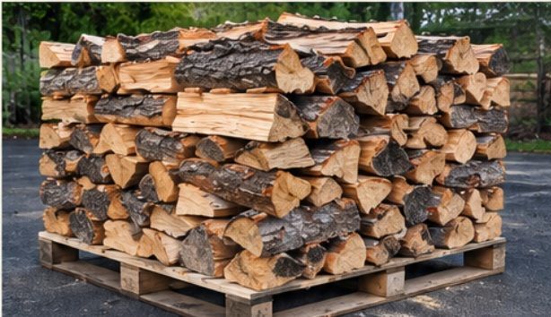 Stacked semi-seasoned split firewood on a wooden pallet outdoors