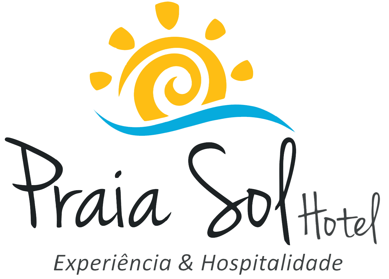 Praia Sol Hotel logo with yellow sun, blue wave, and &ldquo;Experi&ecirc;ncia & Hospitalidade&rdquo; text
