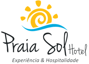 Praia Sol Hotel logo with yellow sun, blue wave, and “Experiência & Hospitalidade” text