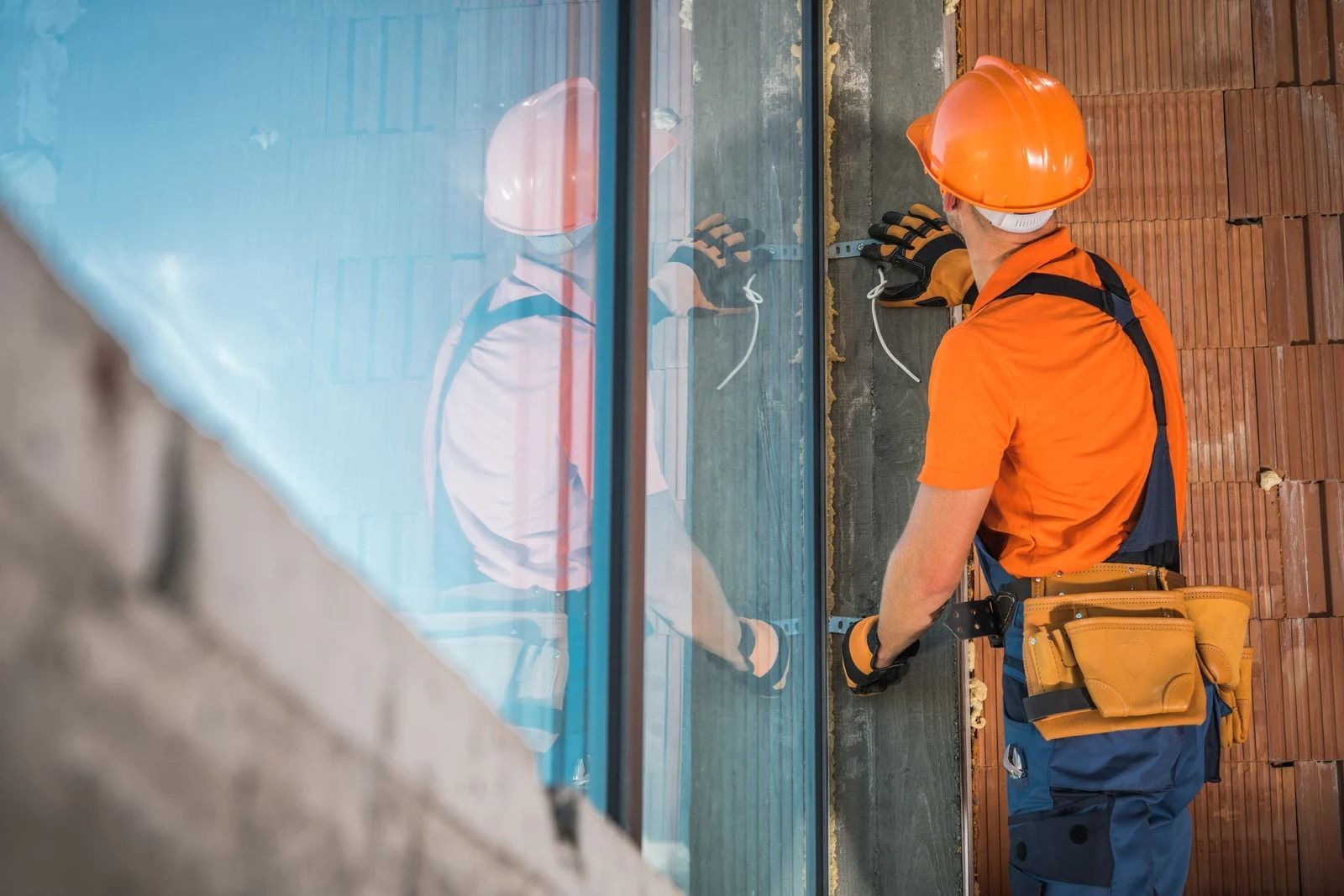 Worker in orange hard hat installing a glass panel on a building facade