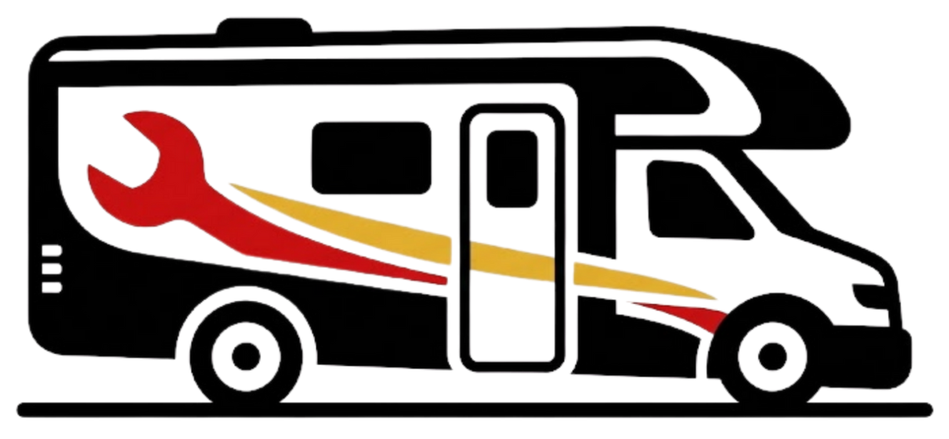 Stylized black and white RV with red and gold swoosh accents and a wrench emblem