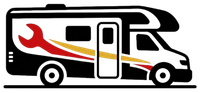 Stylized black and white RV with red and gold swoosh accents and a wrench emblem