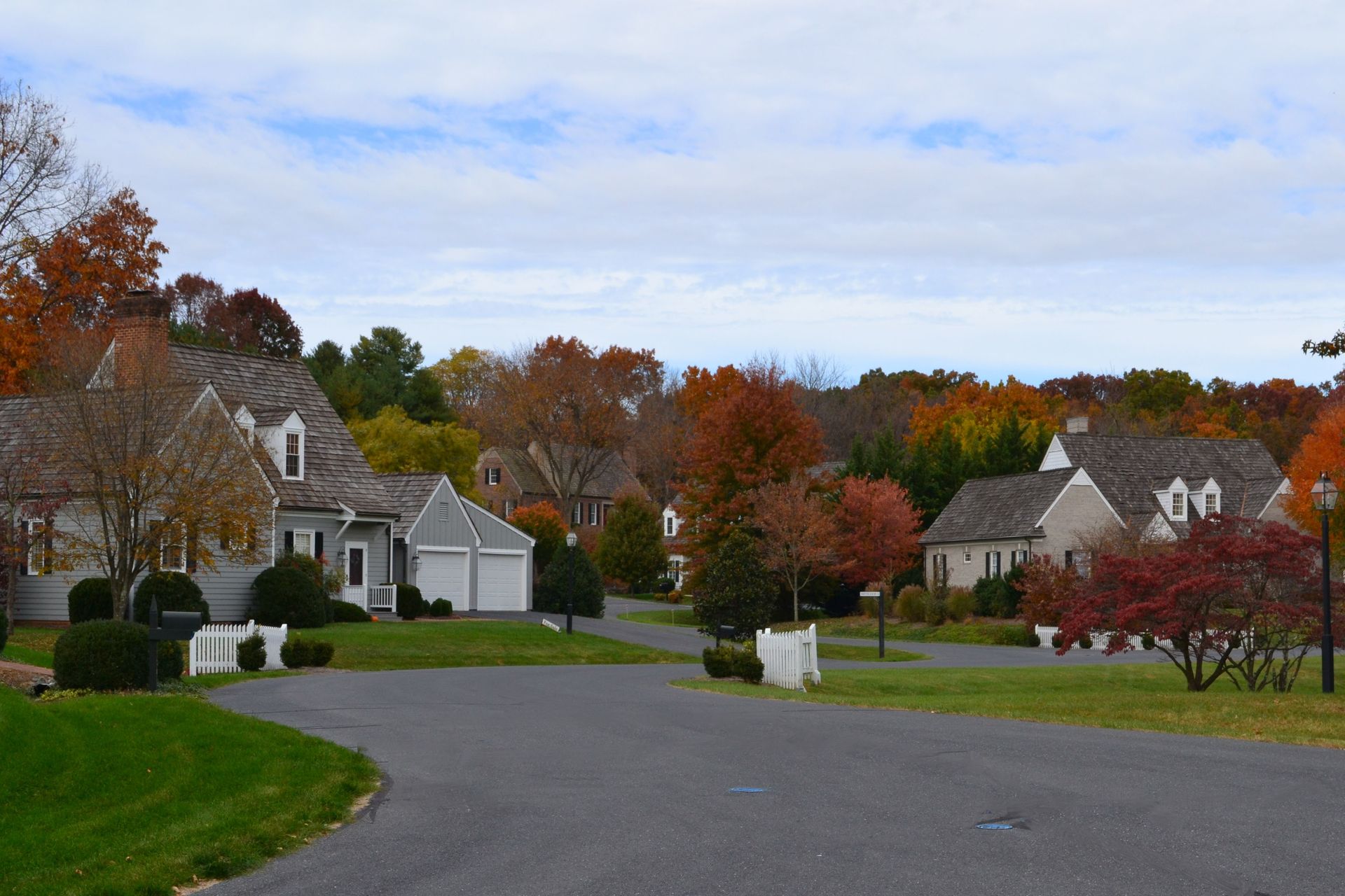 Quiet suburban street lined with autumn trees and gray houses under a cloudy sky