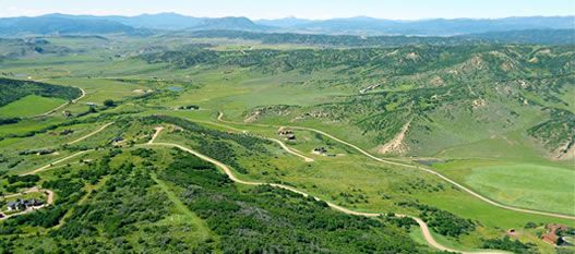 An aerial view of a lush green valley with mountains in the background.