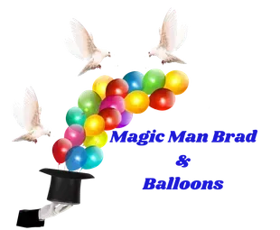 A logo for magic man brad and balloons