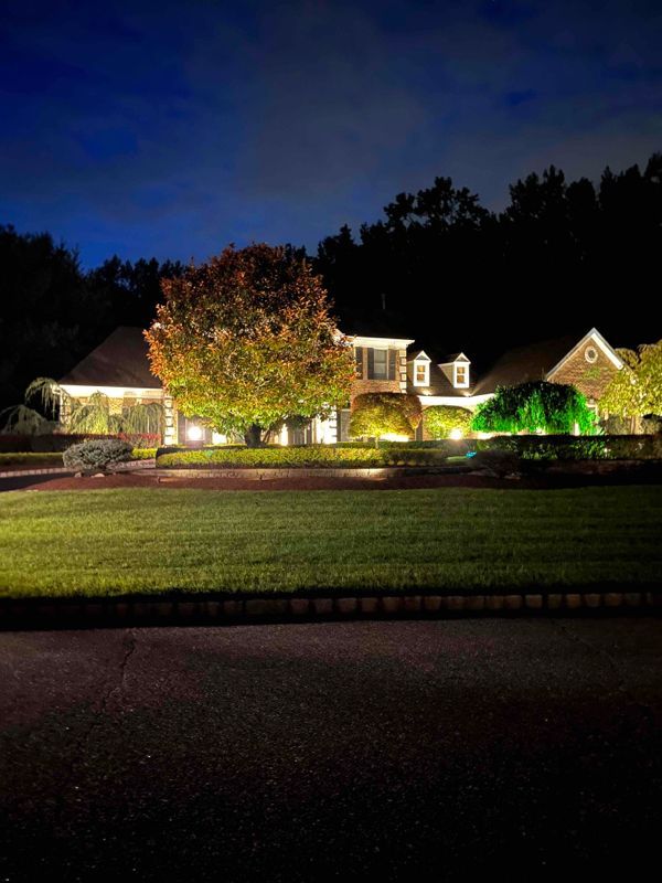 A large house is lit up at night in the middle of a lush green field.