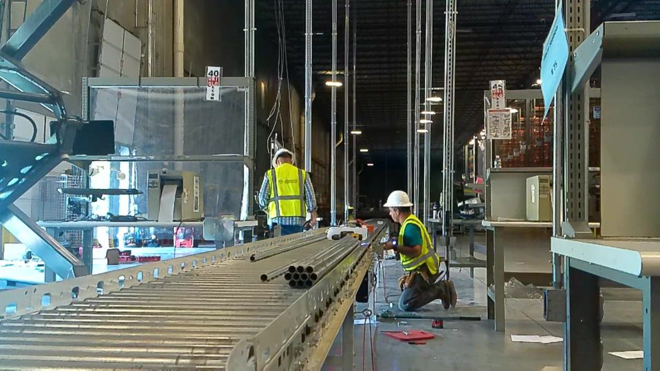 Two men are working on a conveyor belt in a warehouse.
