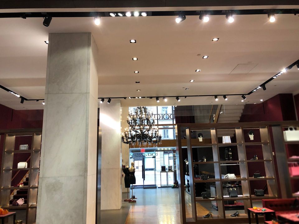 A store with a chandelier hanging from the ceiling
