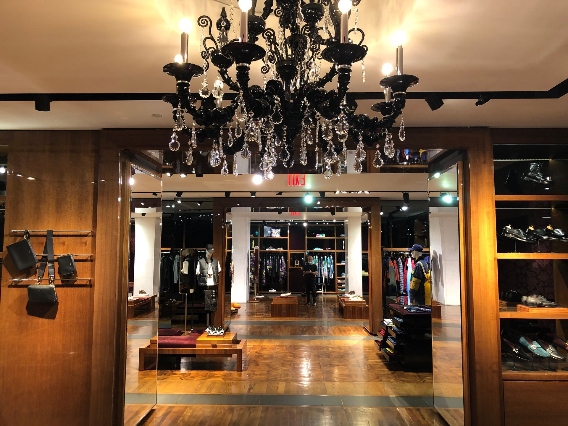 A store with a chandelier hanging from the ceiling