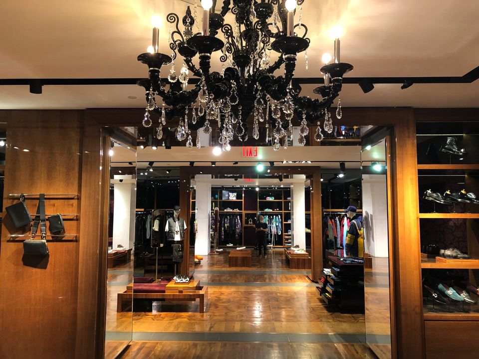A store with a chandelier hanging from the ceiling