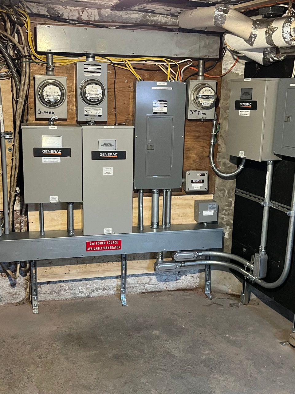 A bunch of electrical boxes are hanging on a wall