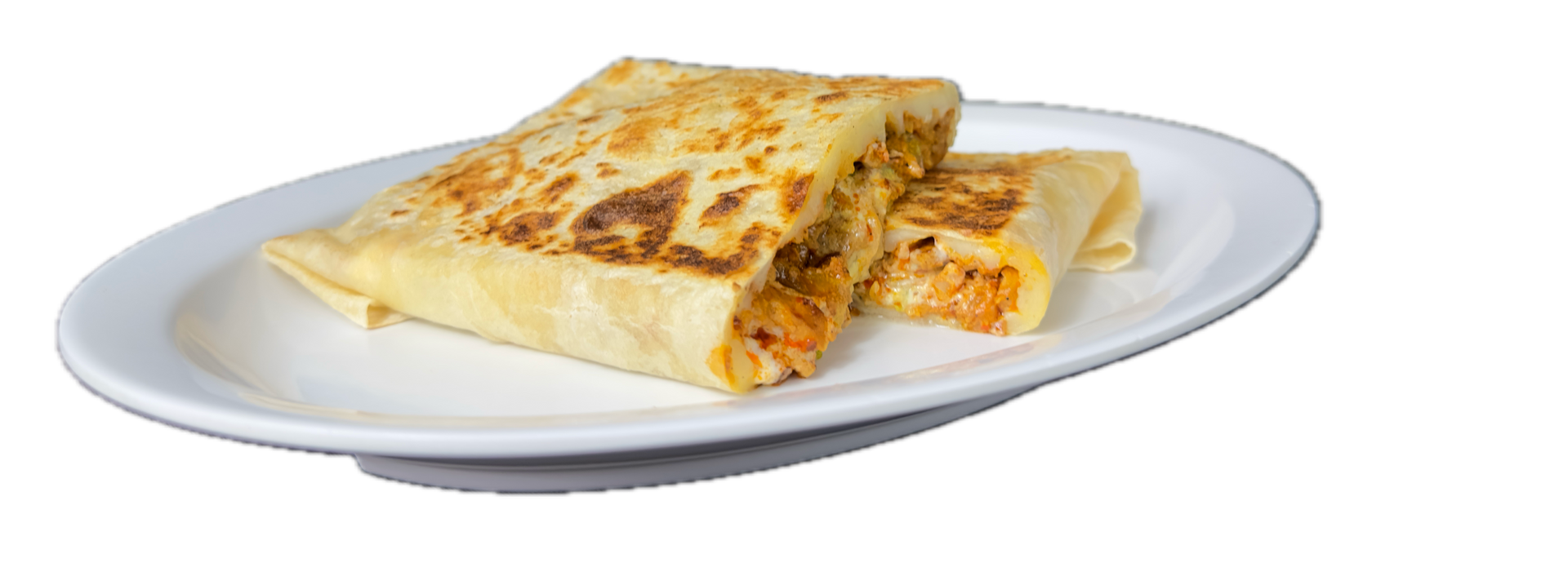Two folded quesadillas on a white plate.