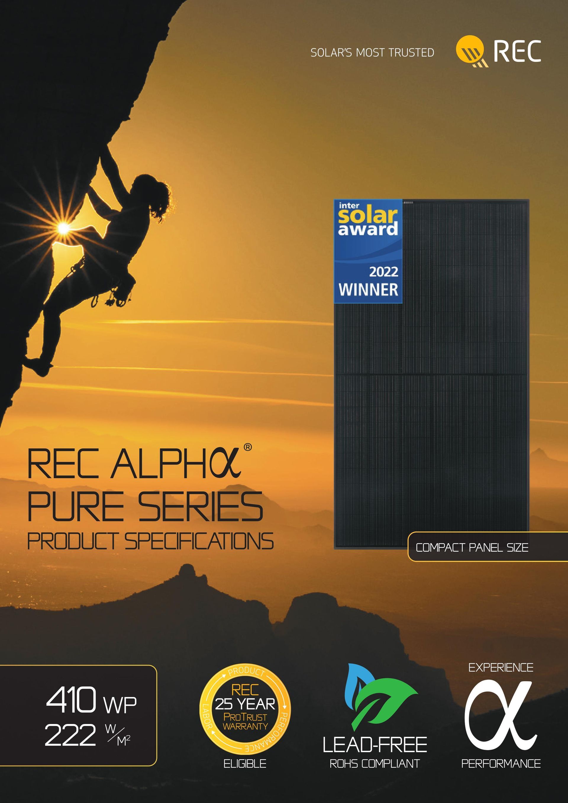 Woman climbing rock towards sun, REC Alpha Pure Series solar panel advertisement.