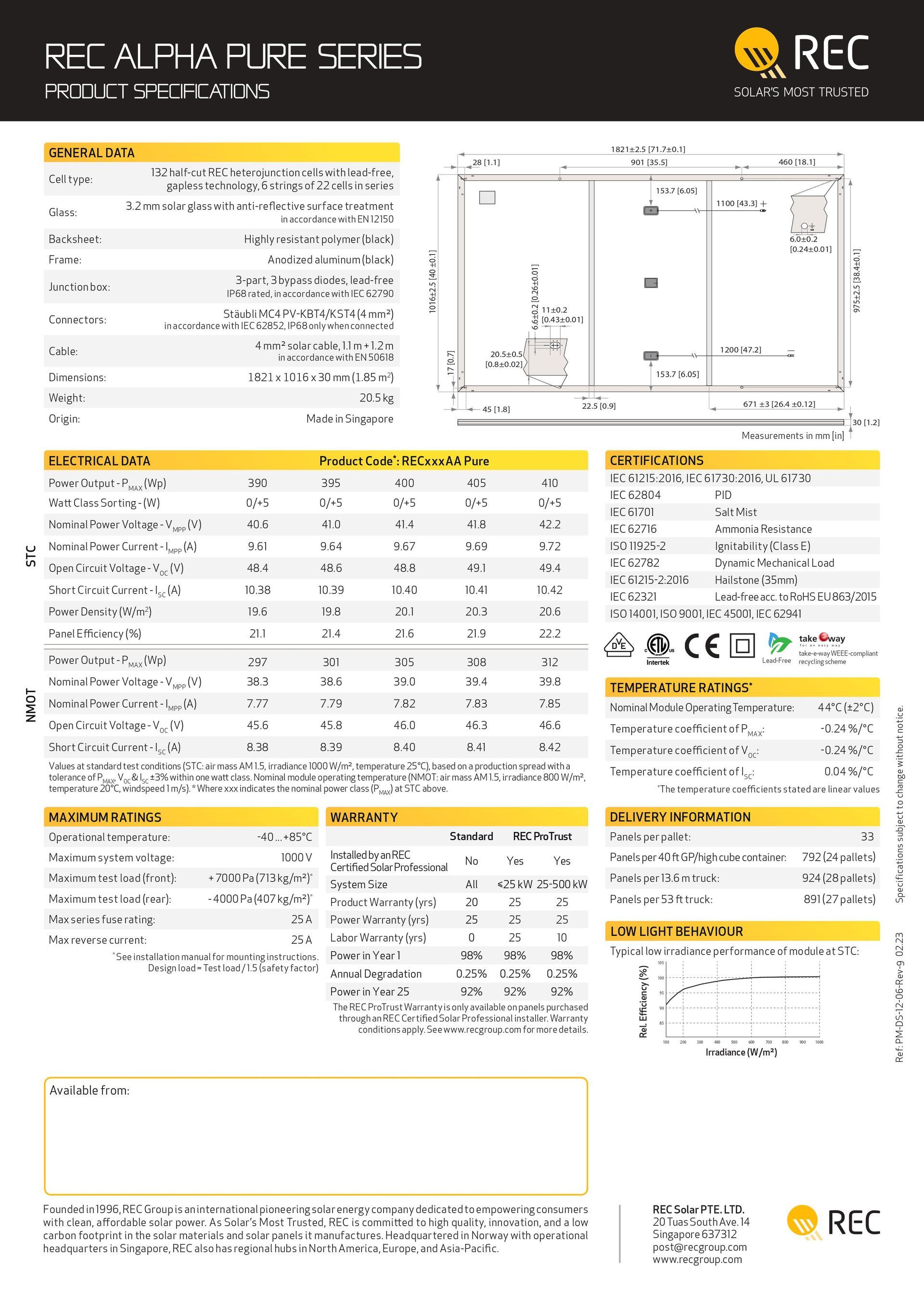 REC Alpha Pure Series solar panel specifications chart.