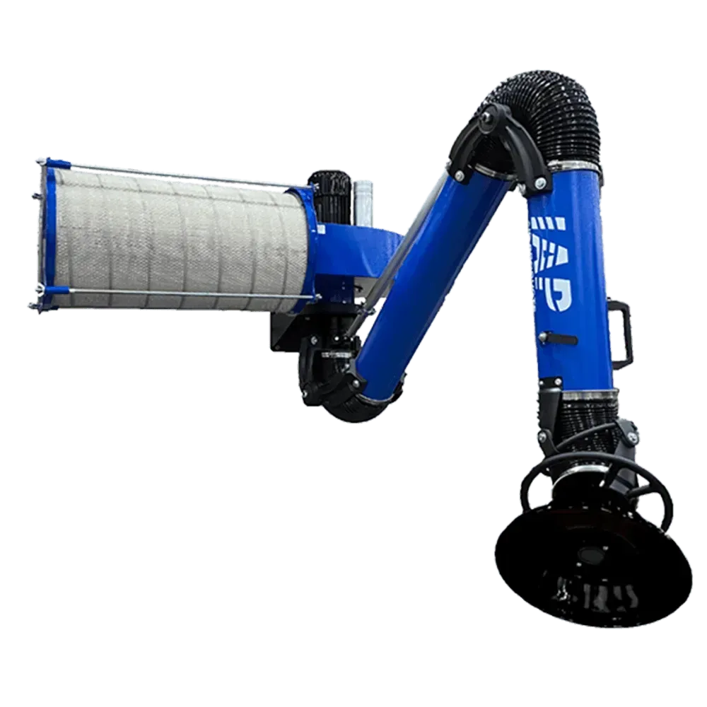 Blue and black industrial fume extractor with a filter and adjustable arm.
