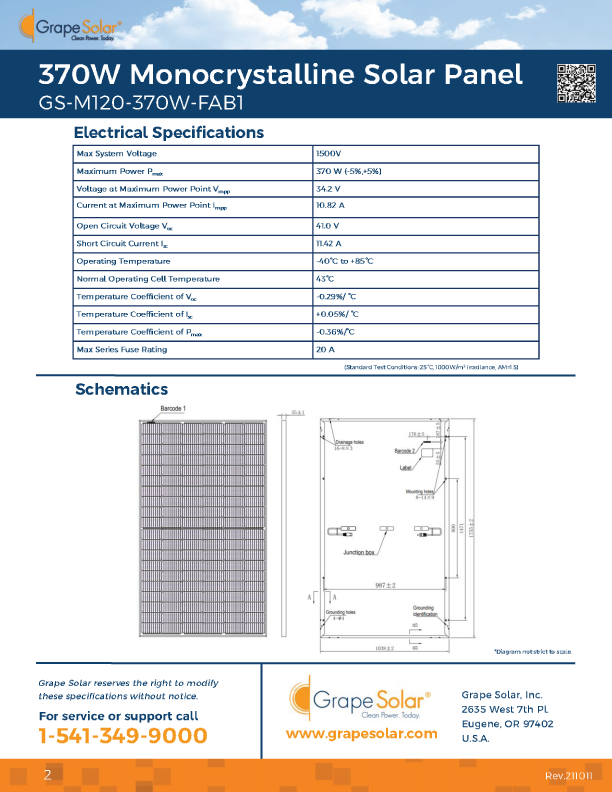 Datasheet for a Grape Solar 370W monocrystalline solar panel, including electrical specs and schematic diagrams.