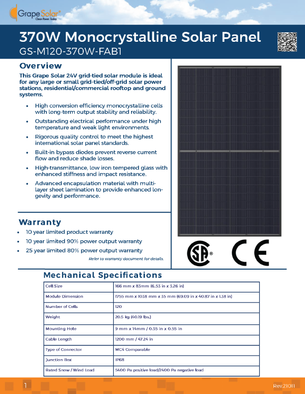 370W Monocrystalline Solar Panel with black solar panel and overview and mechanical specifications.