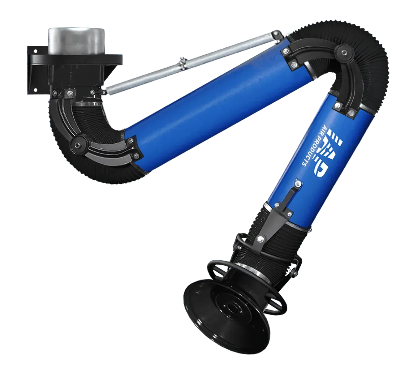 Blue and black articulated fume extractor arm mounted on a wall.