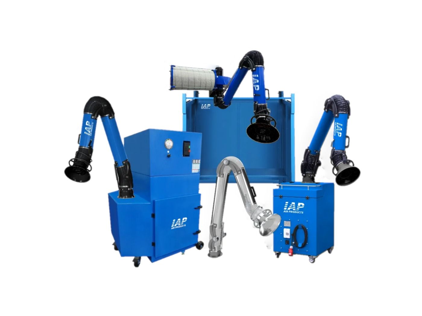 Several blue industrial fume extractors with articulated arms.