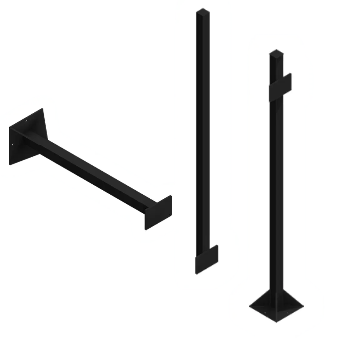 Black metal brackets and posts of varying designs, likely for mounting or support.