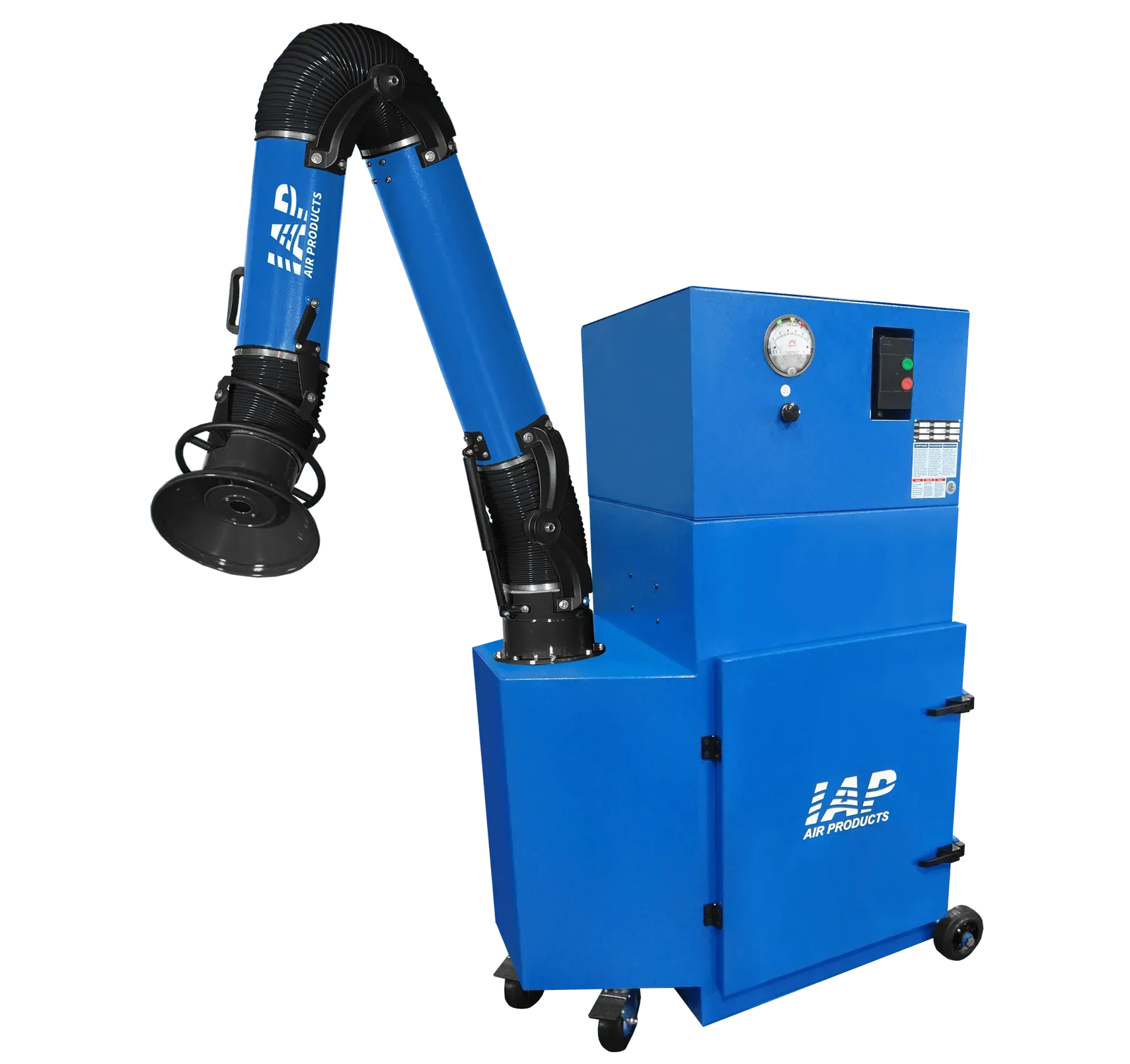 Blue industrial fume extractor with articulating arm and wheeled base.