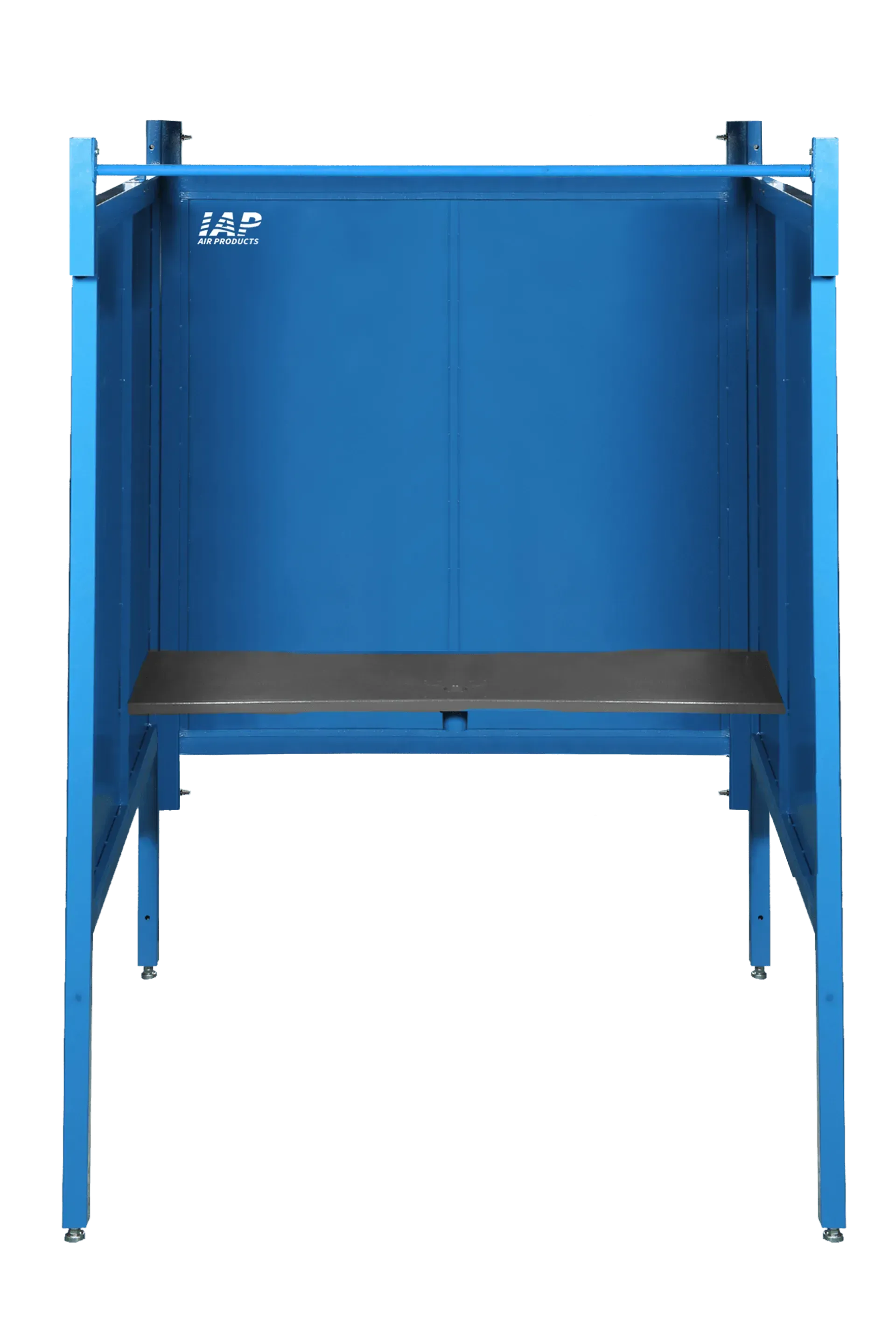 Blue welding booth with work surface, metal frame, and protective screens.