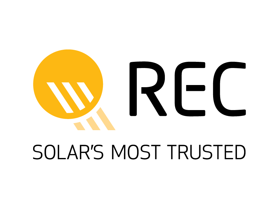 REC Solar logo: Yellow sun icon with angled lines; 