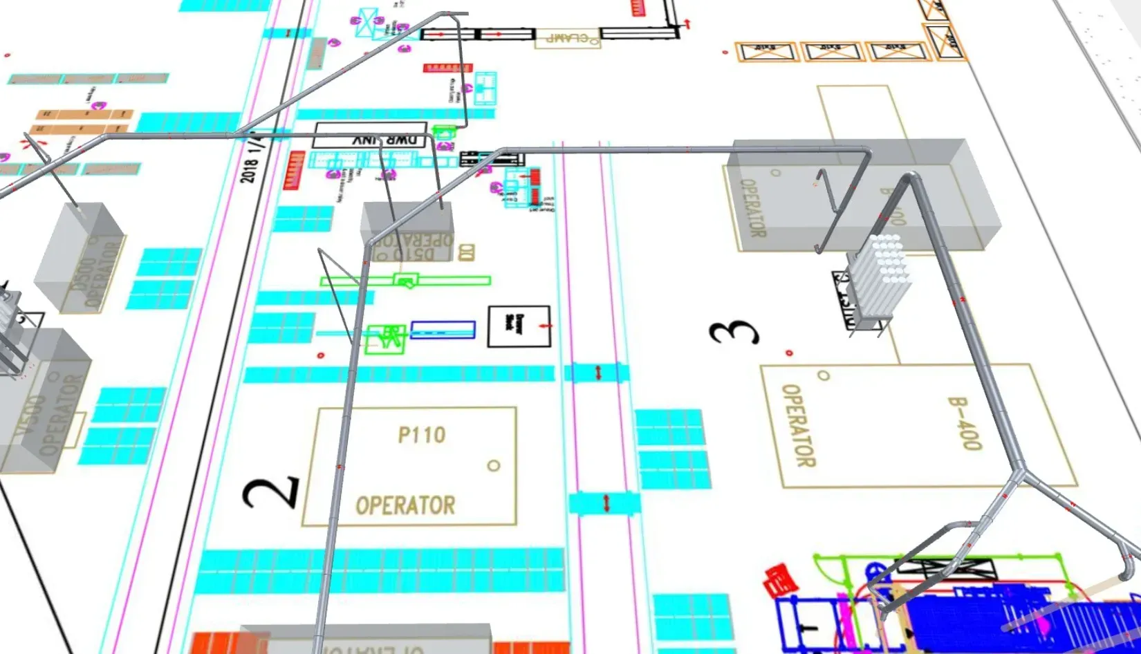 Diagram of an industrial facility with piping, tanks, and equipment labeled with numbers and text.