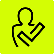 A black and yellow icon of a person with a check mark on their arm.