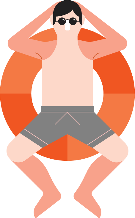 A man is sitting on a life preserver with his legs crossed.
