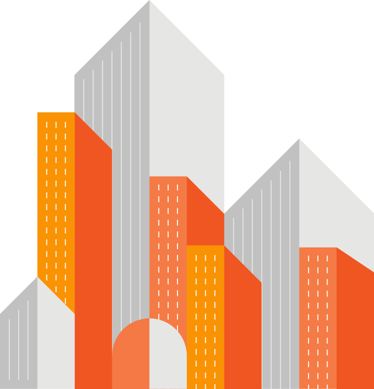 A row of orange and white buildings on a white background