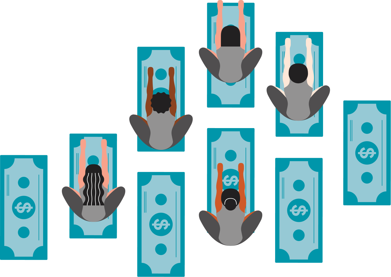 A group of people are sitting on top of dollar bills.