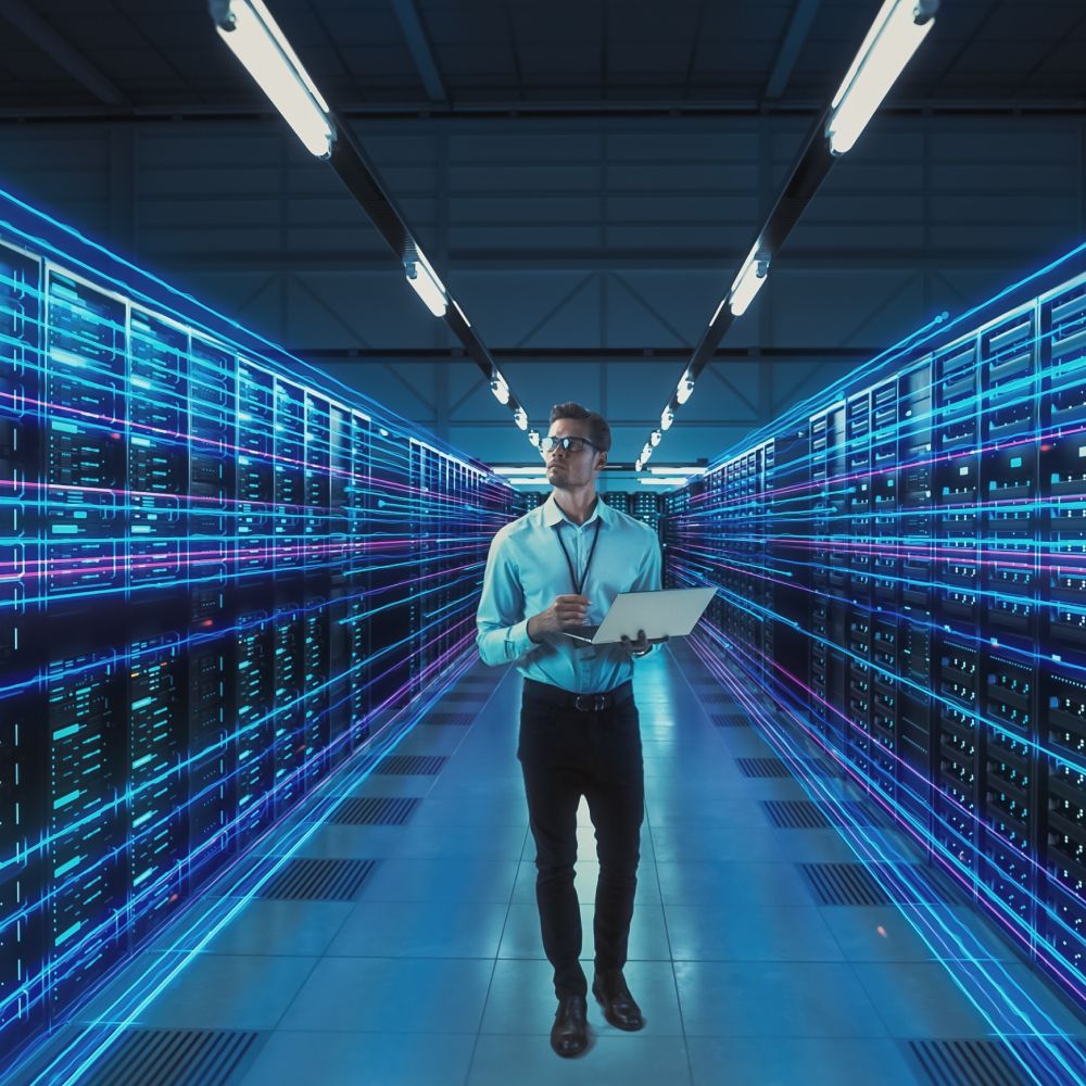 A man is walking through a server room holding a laptop.