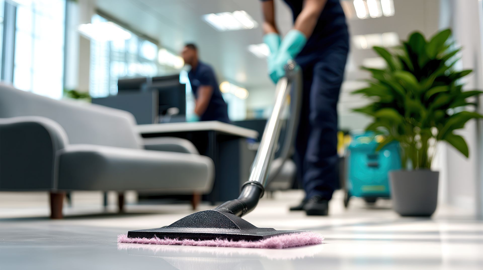 Person mopping a modern office floor with a gray sofa and potted plant in the background