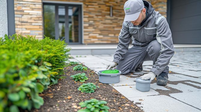 Gardener in gray uniform kneeling beside a hedge, planting flowers along a stone walkway near a house