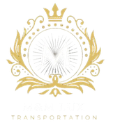 A gold circular logo with a crown, sunburst lines, and flourishes, featuring white text below reading "TRANSPORTATION."