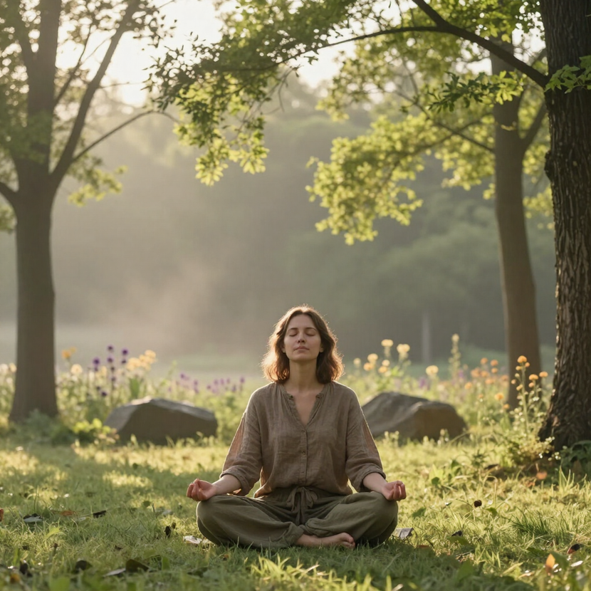 Persona in meditazione a gambe incrociate sull'erba in un parco soleggiato sotto gli alberi.