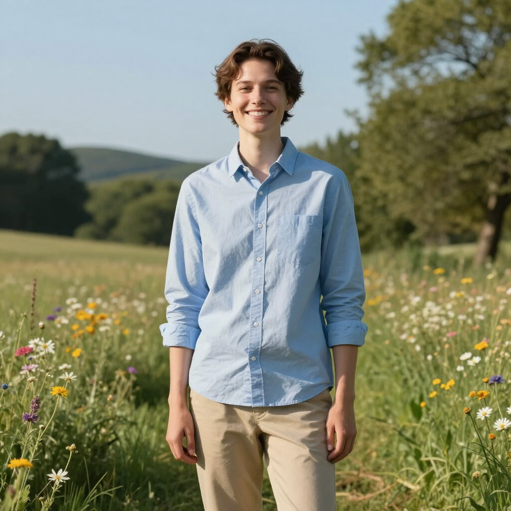 Una persona sorridente con una camicia azzurra in piedi in un campo di fiori selvatici in una giornata di sole.