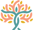 Logo stilizzato di un albero color verde acqua e corallo con foglie gialle e figure umane astratte nel tronco e nei rami.