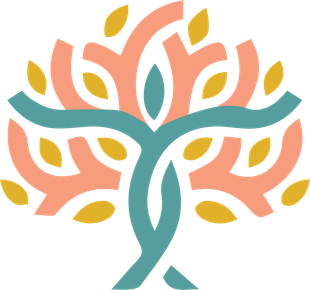 Logo stilizzato di un albero color verde acqua e corallo con foglie gialle e figure umane astratte nel tronco e nei rami.