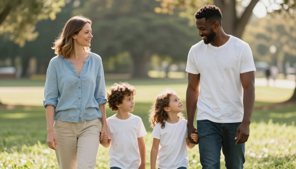 Due adulti e due bambini camminano insieme in un parco soleggiato, sorridendo e parlando.